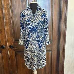 CAbi Blue Tan Dress with 3/4 Sleeves